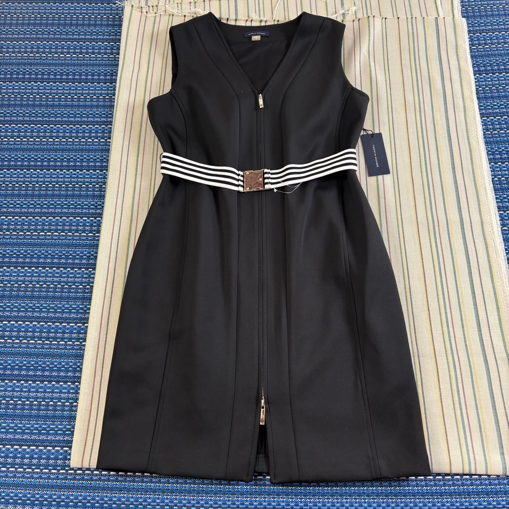 Tommy Hilfiger Dress Womens Petite 12P Black Sheath Knee Length Zip Belted NWT